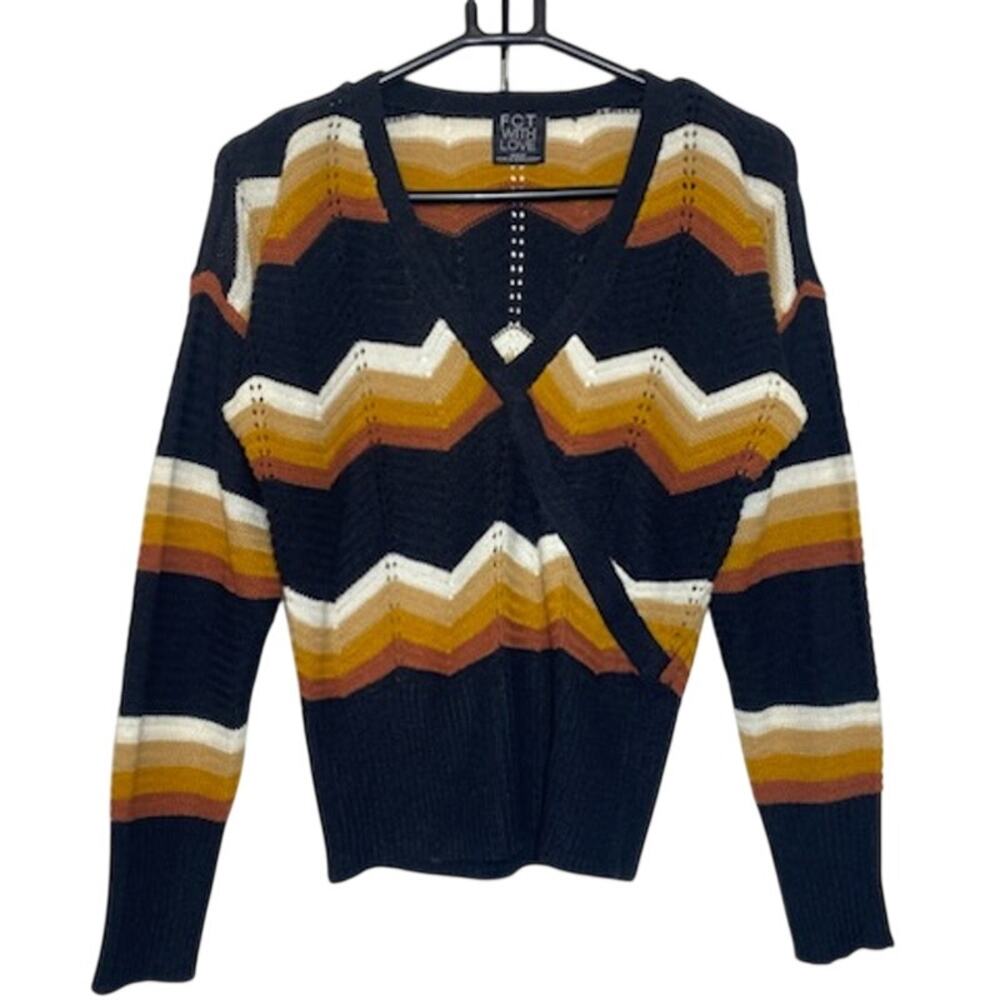 FCT With Love Women’s V‑Neck Sweater • Medium • Chevron Knit • Black/Tan/White